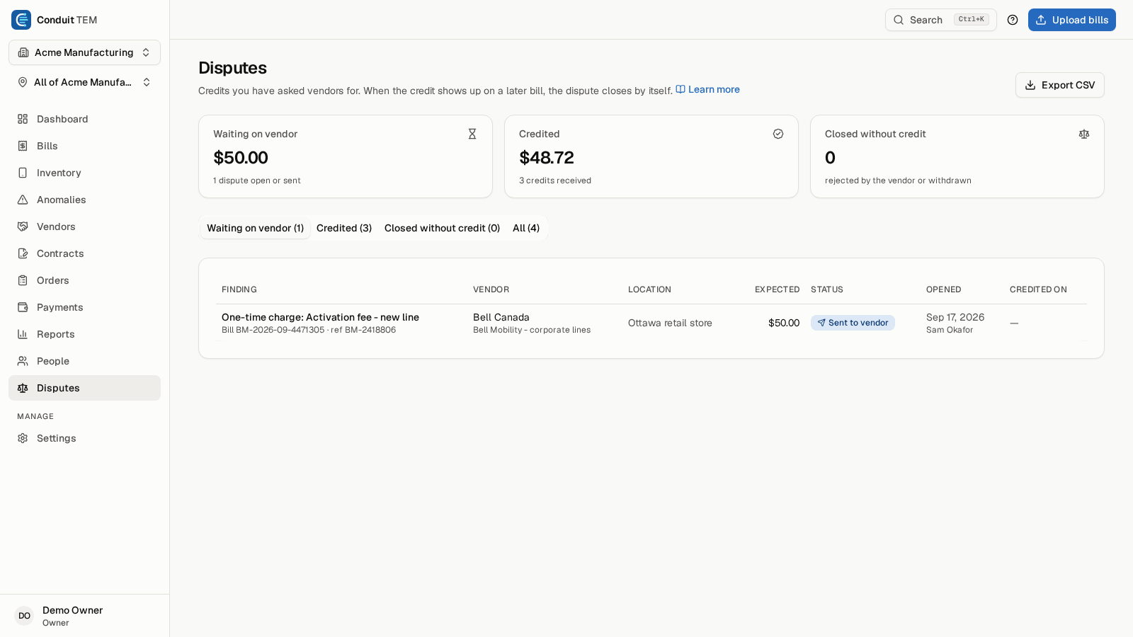 Disputes: money waiting on the vendor, credits received, and each dispute's status.