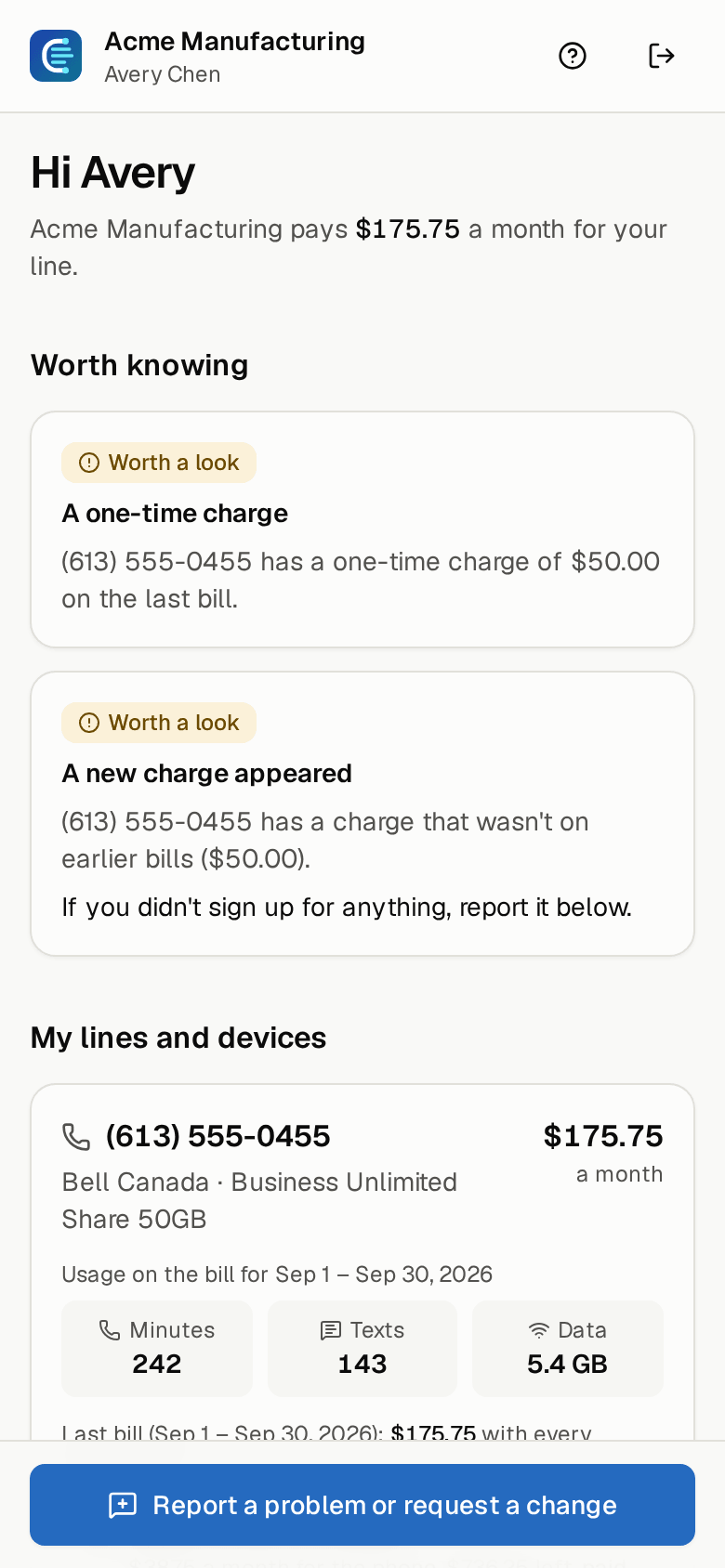 Employee self-service on a phone: an employee's line, what it costs and a button to report a problem.